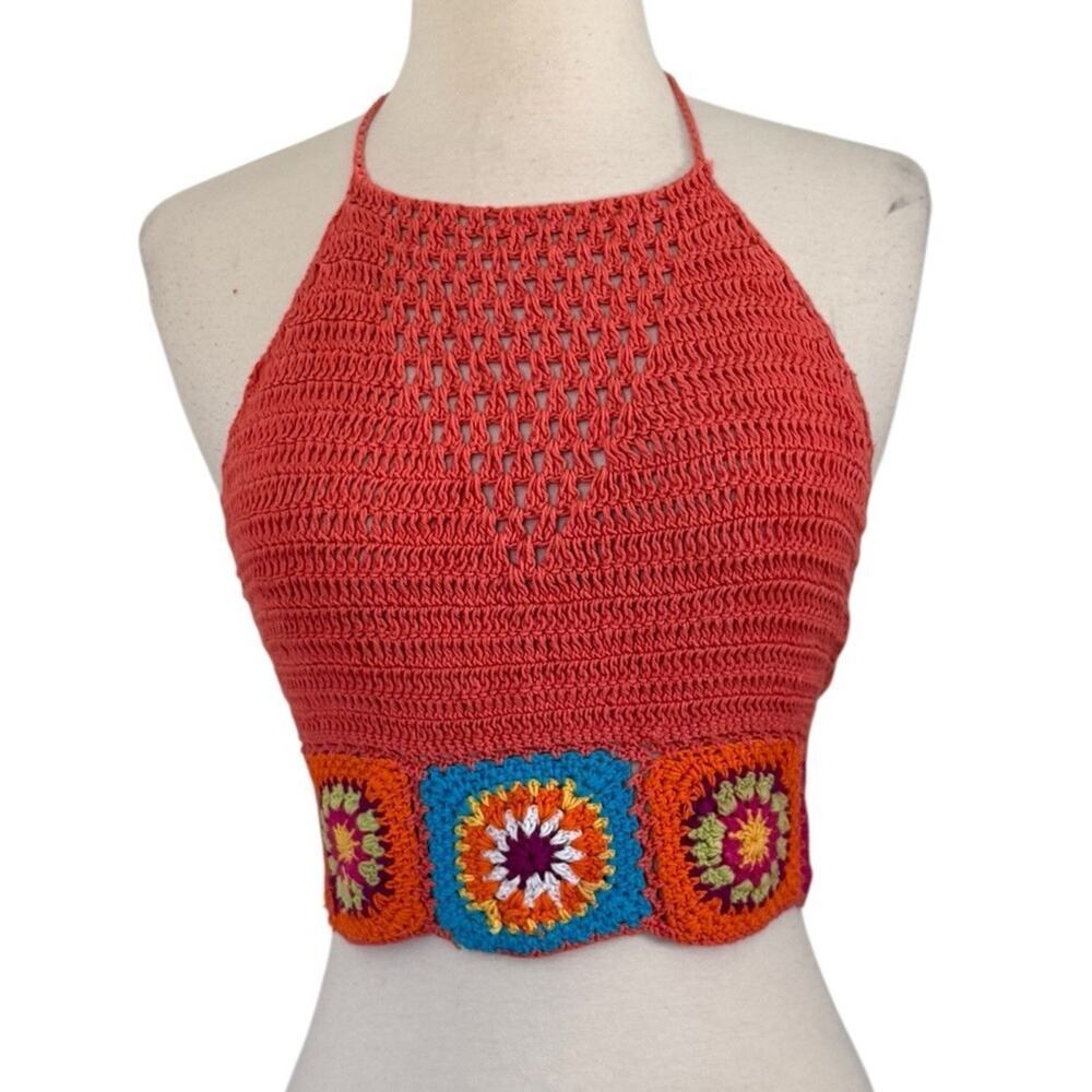 GRANNY SQUARE Knit Crochet Crop Top Boho Hippie Retro Beach Summer Size M/L - Picture 5 of 9